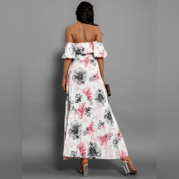 Pleated Floral Off-Shoulder Short Sleeve Midi Dress - Picture 2 of 5